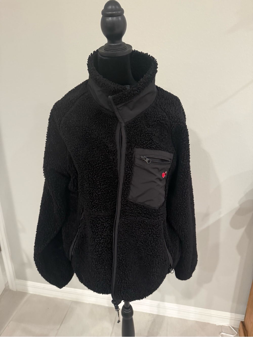 Cozy Black Teddy Fleece Jacket with Zip Chest Pocket